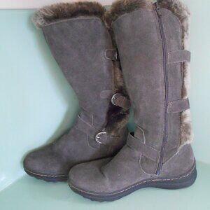 Baretraps Ayden Gray Suede Leather Mid-Calf Shearling Boots Zip Womens Sz 7.5 M